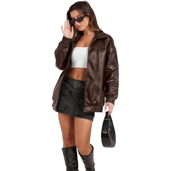 Women Faux Leather Jacket Oversized A-Brown Moto Bomber Coat Fall Winter Outfits - Picture 2 of 3